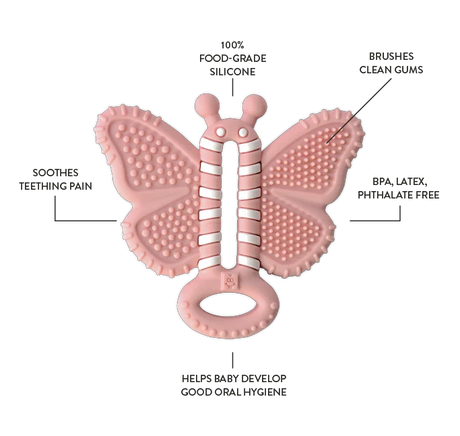 Toothbrush Teether | Butterfly Brush in pink with textured wings and handle designed for soothing baby gums.