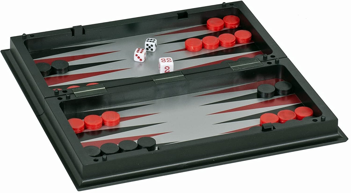 Magnetic travel backgammon set with red and black pieces and dice, perfect for playing on the go