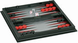Magnetic travel backgammon set with red and black pieces and dice, perfect for playing on the go