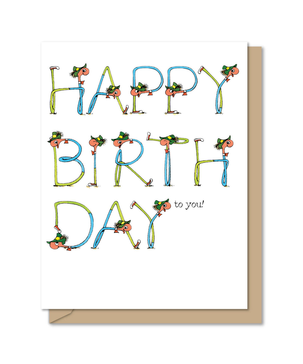 Richard Scarry style Lowly Worm forming "Happy Birthday to you" letters on a recycled kraft card background