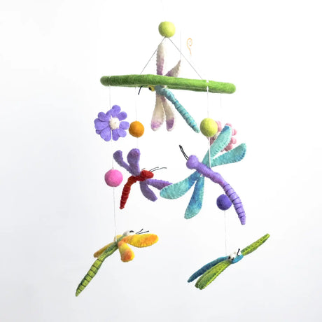 Felt Mobile | Dragonfly with colorful handmade felt dragonflies and flowers hanging from a green felt hoop for nursery decor.