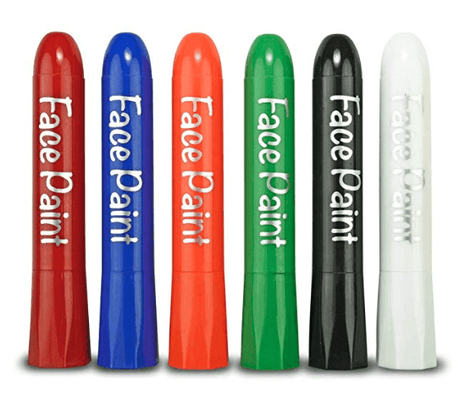 Face Stix Facepainting Sticks in vibrant red, blue, orange, green, black, and white colors with quick-dry face paint.