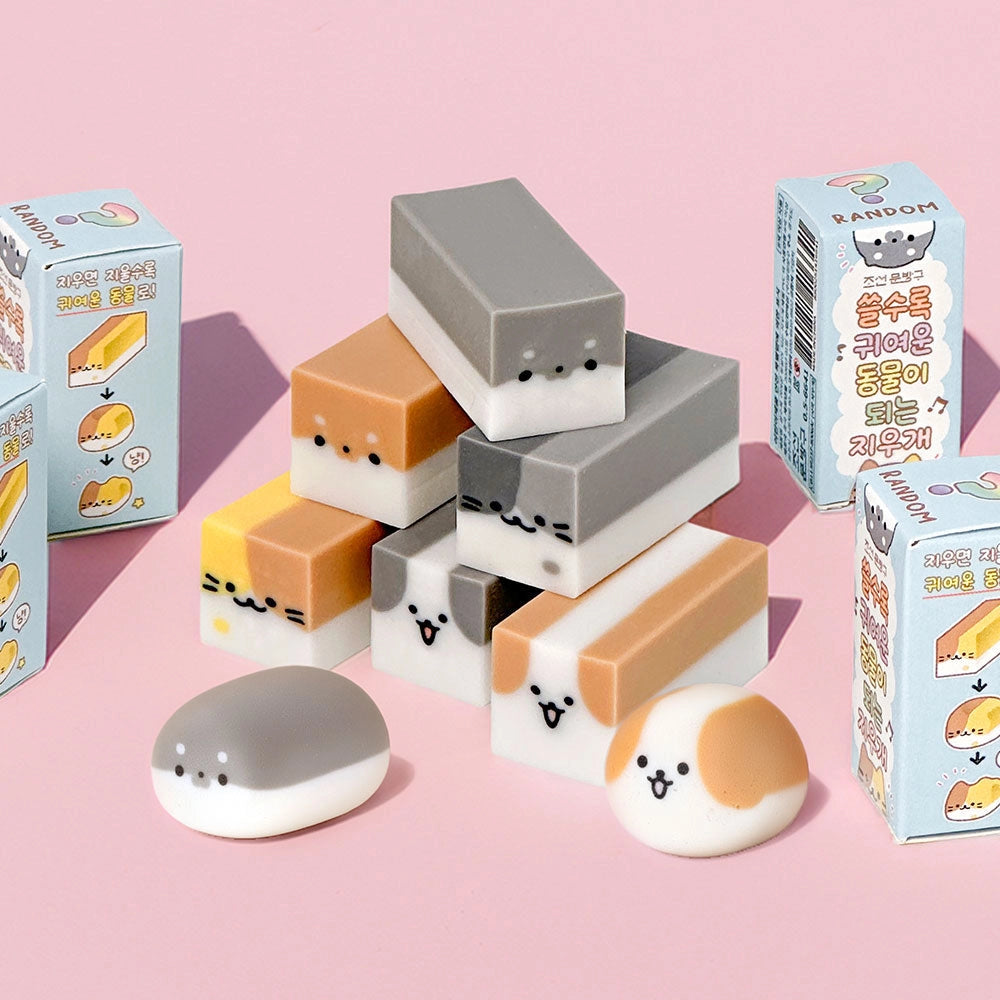 Magic Transform Animal Eraser collection of cute animal shaped erasers in assorted colors beside colorful boxes