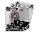 Three illustrated black and white cards with vintage style corners from Gloom 2nd Ed. game.