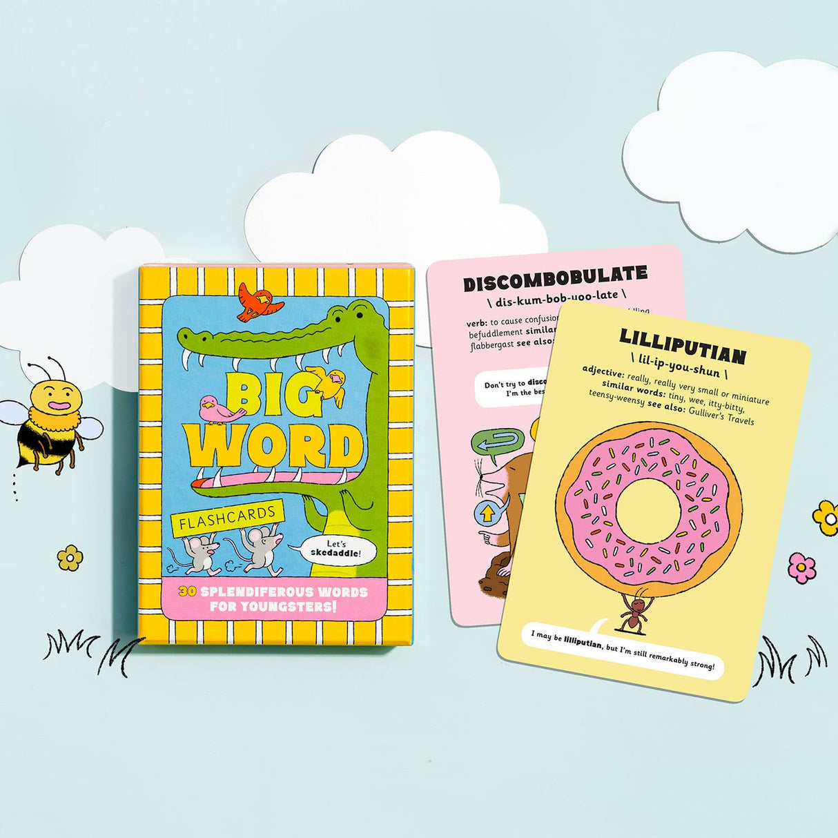 Brightly illustrated Big Word Flashcards with playful definitions and phonetics for kids learning fun multisyllabic words