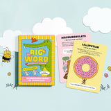 Brightly illustrated Big Word Flashcards with playful definitions and phonetics for kids learning fun multisyllabic words