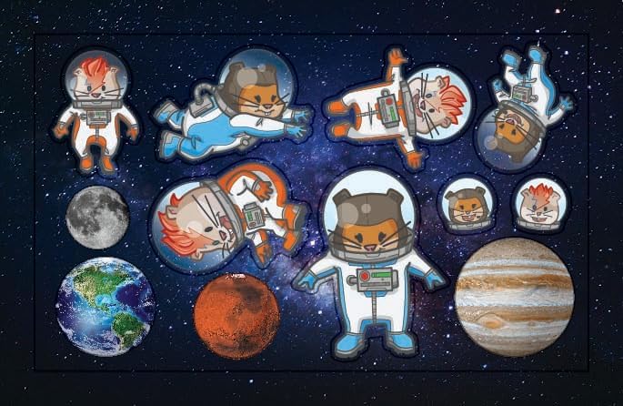 Illustration of cute animals and astronauts floating among planets in a colorful miniature solar system set for kids.