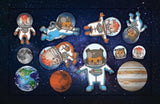 Illustration of cute animals and astronauts floating among planets in a colorful miniature solar system set for kids.