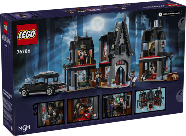 LEGO building kit of a dark gothic cottage with minifigures and a black car under a full moon night sky