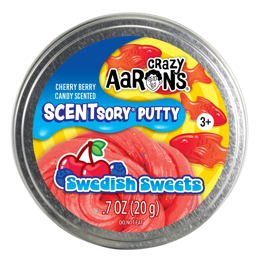 Round metal tin of bright red putty with candy-themed label featuring cherry and fish graphics