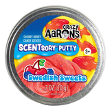 Round metal tin of bright red putty with candy-themed label featuring cherry and fish graphics