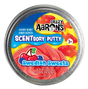 Round metal tin of bright red putty with candy-themed label featuring cherry and fish graphics