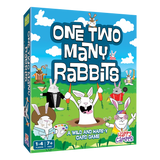 One Two Many Rabbits board game box with colorful cartoon rabbits on a bright blue sky and green grass background.