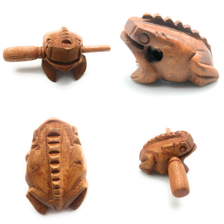 Wooden Croaking Frog 1.5in Light Brown percussion toy from wood that ribbits when rubbed with striker.