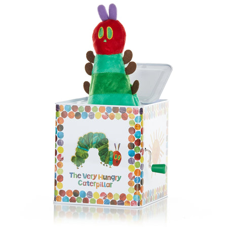 Colorful Jack in the Box toy featuring a soft caterpillar popping out of a decorated box with a hand crank on the side