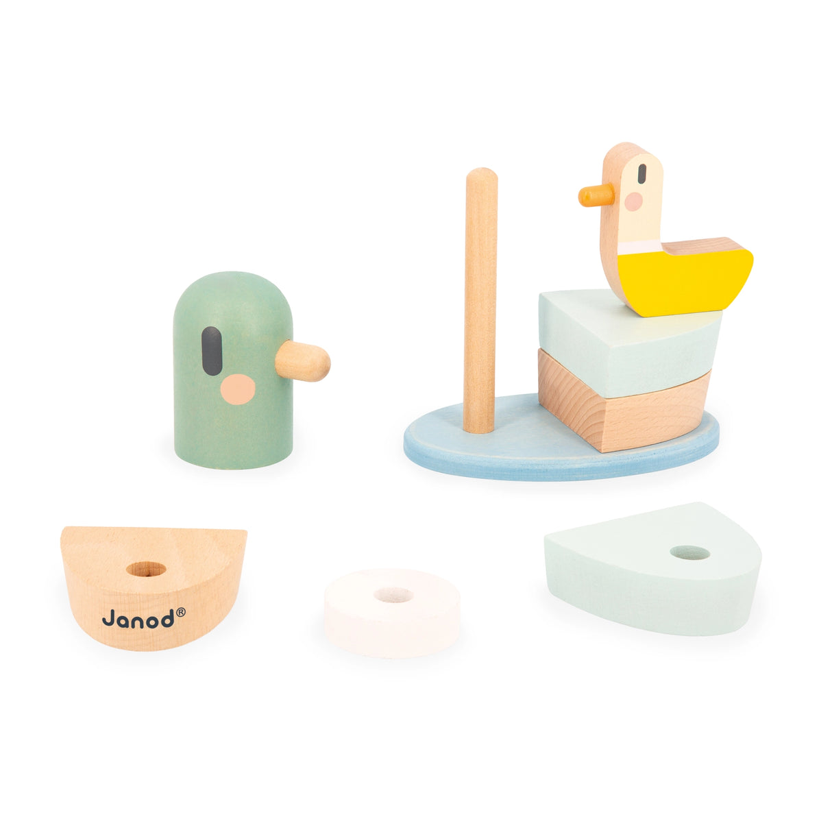 Wooden stacking toy with pastel yellow bird, blue base, and separate natural wood and pastel green pieces on white background