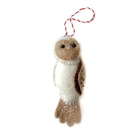 Owl Felt Ornament with beaded eyes and gold bead wing details, handcrafted from natural sheep wool for holiday décor.