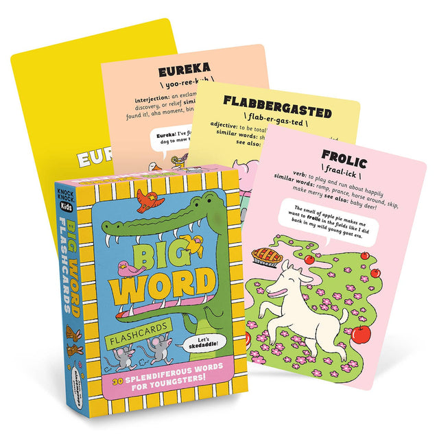 Colorful Big Word Flashcards with playful illustrations teaching quirky multisyllabic vocabulary for kids and adults.