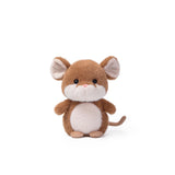 Brown and white plush mouse with large ears, a pink nose, and a curled tail on a white background
