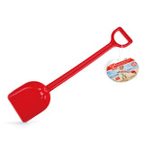 Bright red plastic shovel with a sturdy handle and a tag showing a toddler playing at the beach