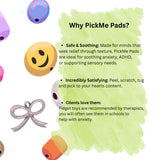 Colorful beads and charms surrounding text explaining PickMe Pads as soothing, satisfying fidget toys recommended by therapists for anxiety relief