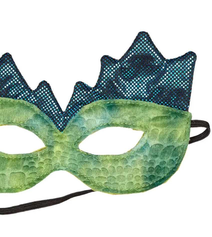 Green textured T Rex mask with blue spikes and elastic strap for comfortable fit on kids' heads