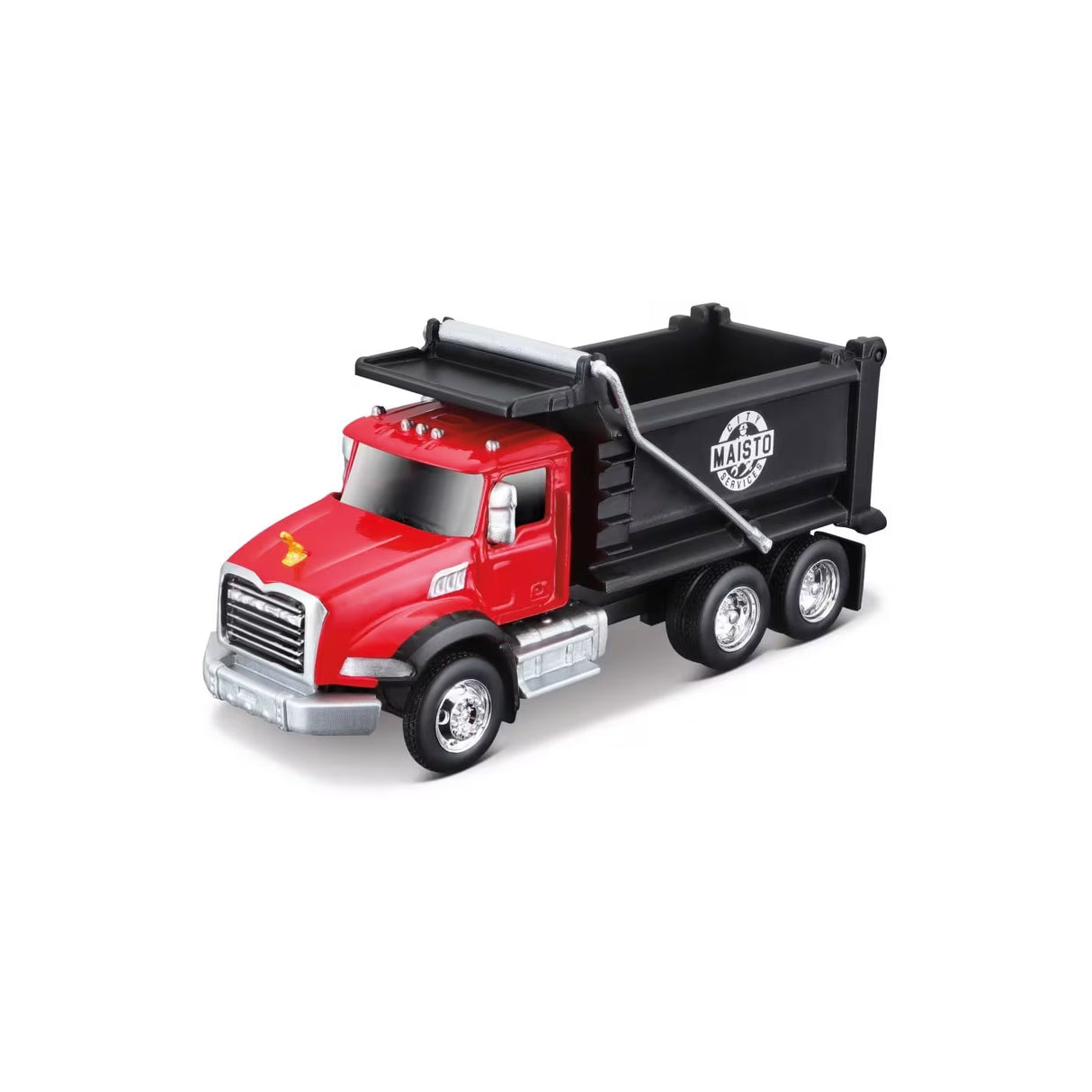 Red and black die-cast 4.5 inch Mack Granite dump truck with free-rolling wheels and detailed moving parts.