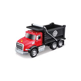 Red and black die-cast 4.5 inch Mack Granite dump truck with free-rolling wheels and detailed moving parts.