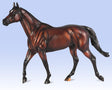 Detailed sculpture of a bay Thoroughbred racehorse with a shiny coat and muscular build on a gradient blue background