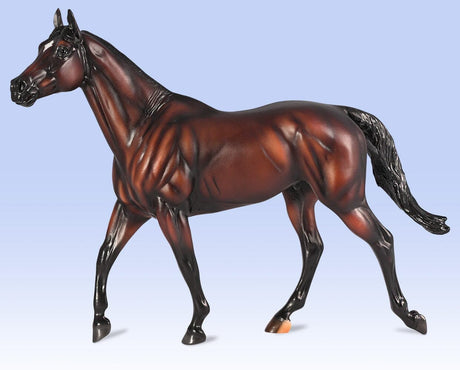 Detailed sculpture of a bay Thoroughbred racehorse with a shiny coat and muscular build on a gradient blue background