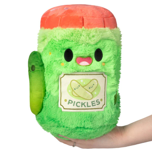 Jar of Pickles Mini green plush toy with a red lid embroidered pickle label and smiling face