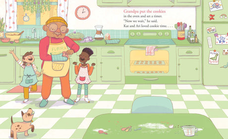 Cookie Time illustration of Grandpa baking cookies with kids Kat and Ari, dog Biscuit in a cozy kitchen scene.