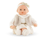 Calin Margaux Enchanted Woods baby doll in a cream dress faux fur vest and bow headband