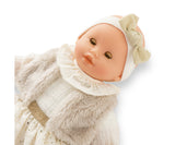 Calin Margaux Enchanted Woods soft baby doll in cream dress with faux fur vest and bow headband