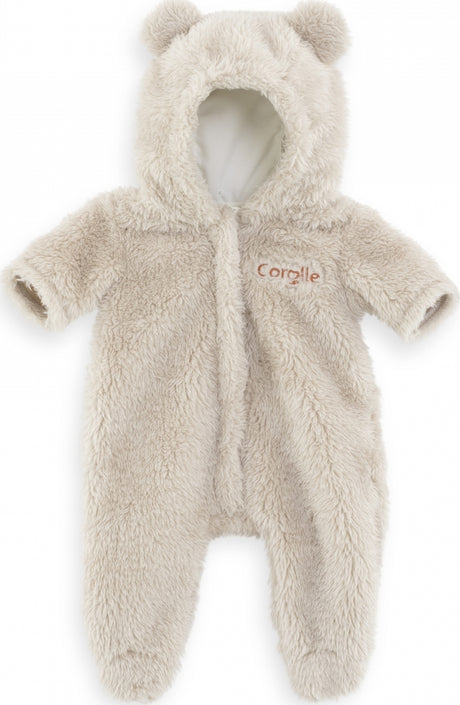 12in Teddy Bear Bunting soft beige outfit with hood and ears for 12 inch doll, cozy and huggable doll clothes.