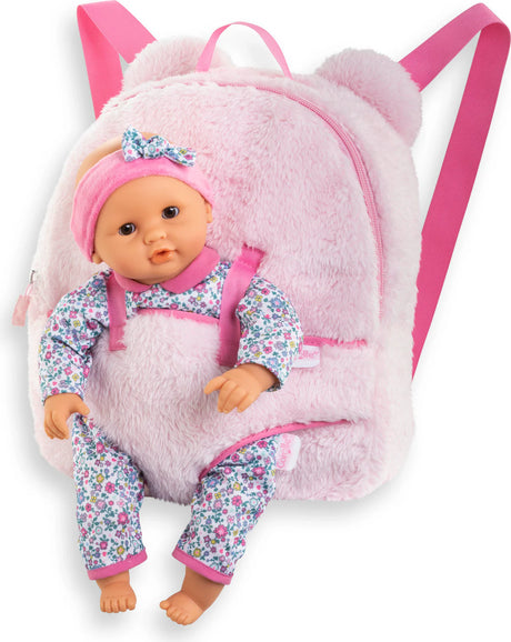 Plush Backpack Baby Doll Carrier in pink with soft fabric and 12” doll seated in front, perfect for imaginative play.