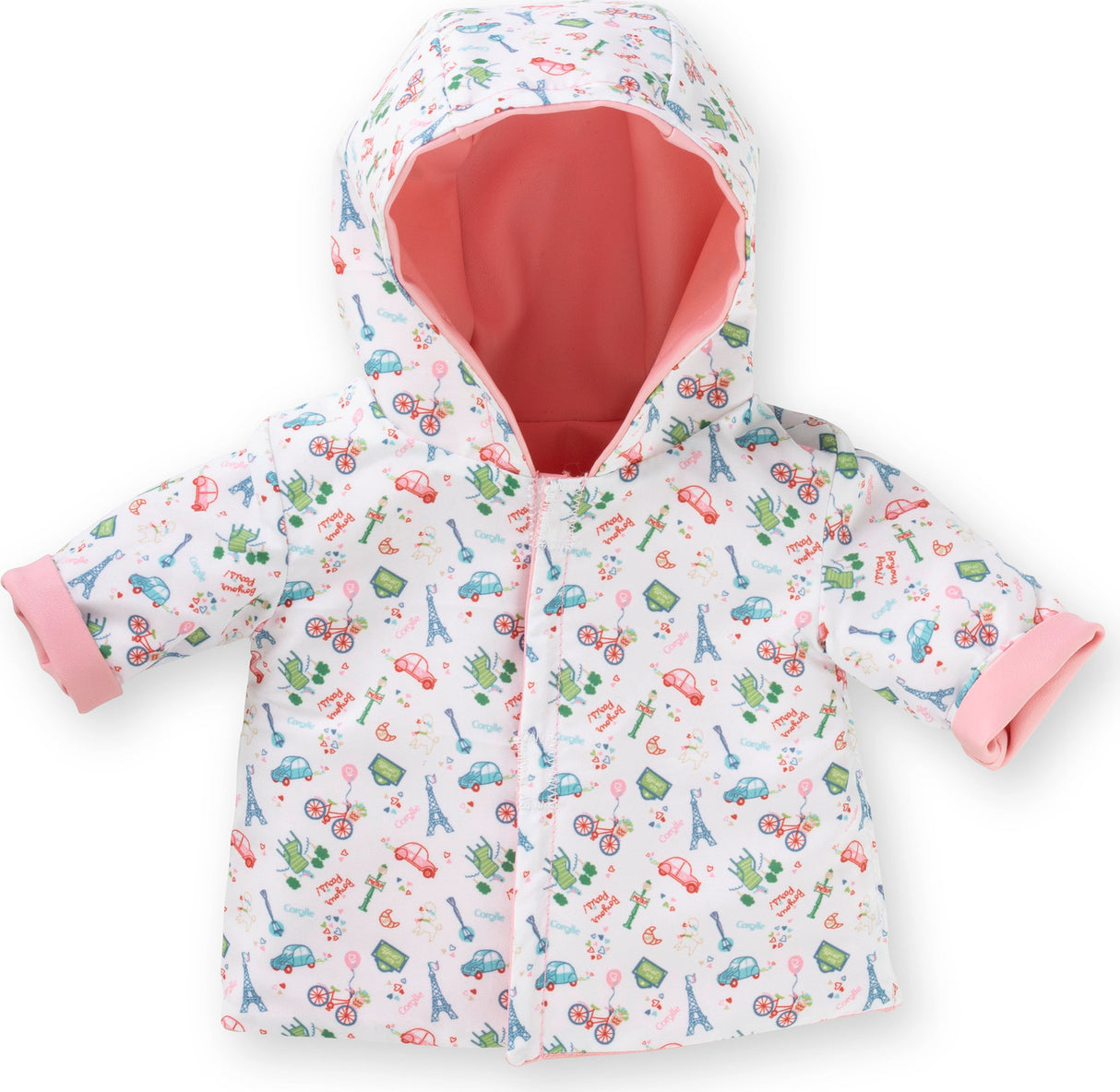 White hooded jacket with pink lining and cuffs featuring colorful Paris-themed icons like Eiffel Tower and bicycles