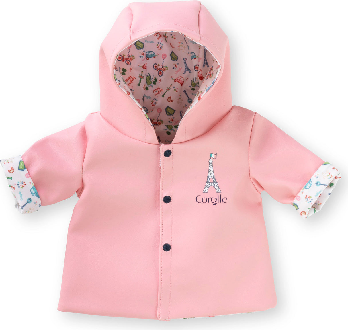 Light pink hooded jacket with black snaps and Paris-themed patterned lining featuring Eiffel Tower and bicycles