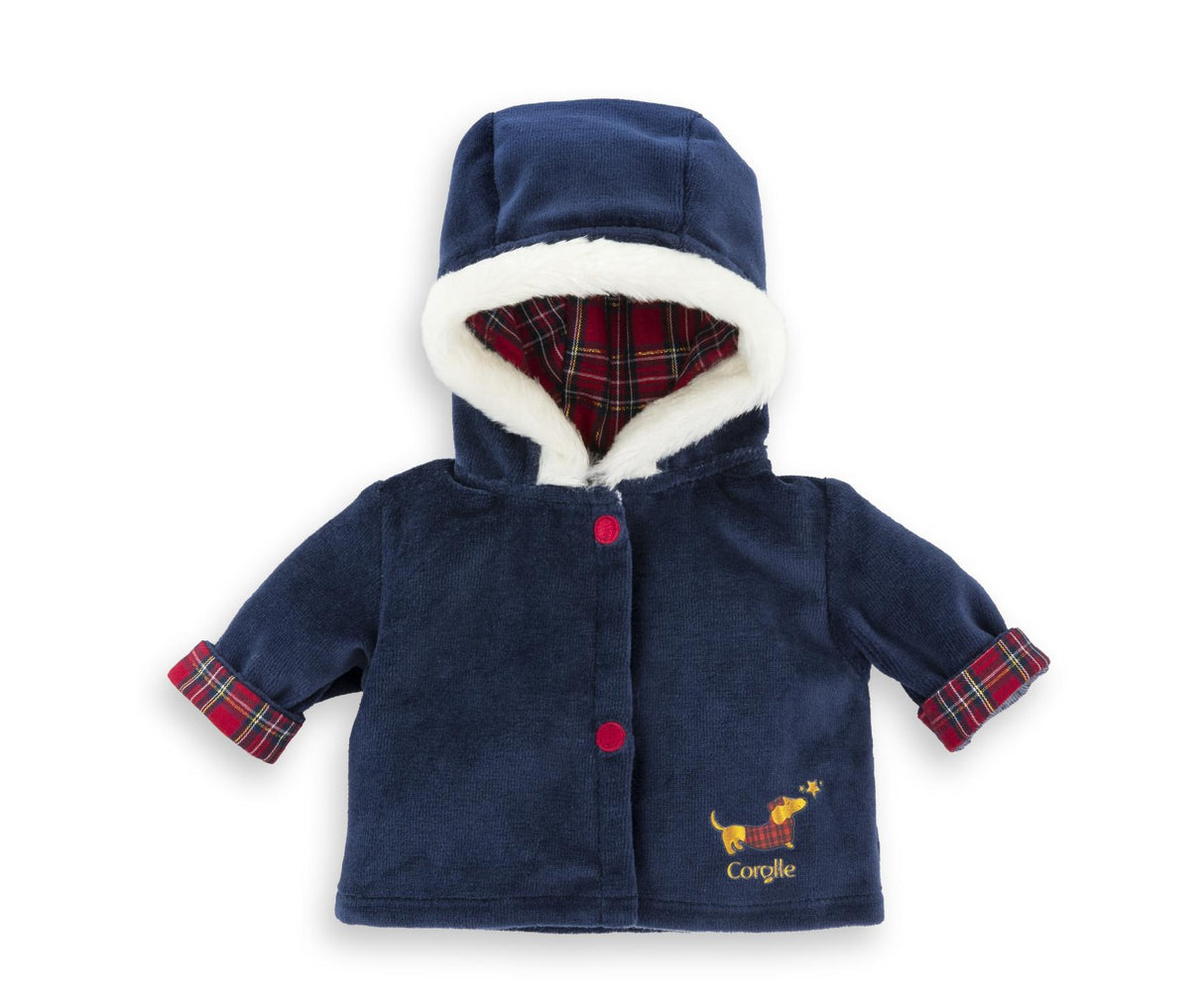 Navy blue 12-inch holiday coat for baby doll with hood, plaid lining, red buttons, and cozy white trim detail