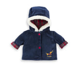 Navy blue 12-inch holiday coat for baby doll with hood, plaid lining, red buttons, and cozy white trim detail