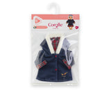 12-inch doll holiday coat with faux fur collar and plaid accents, perfect for festive winter playtime.