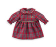 Red plaid festive dress with ruffled collar and long sleeves, designed for 12-inch dolls holiday celebrations