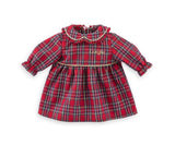 Red plaid festive dress with ruffled collar and long sleeves, designed for 12-inch dolls holiday celebrations