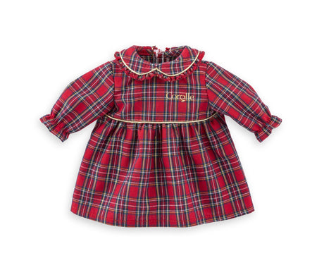 Red plaid festive dress with ruffled collar and long sleeves, designed for 12-inch dolls holiday celebrations