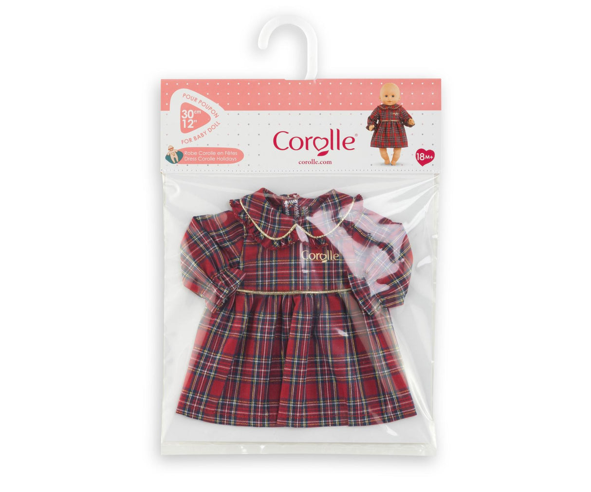 12-inch doll holiday dress with red plaid pattern and Peter Pan collar, perfect for festive celebrations and playtime
