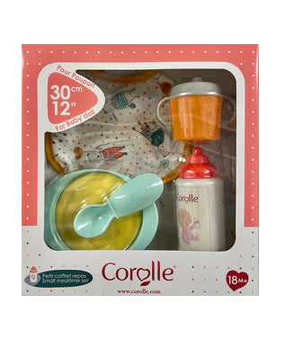 Mon Premier Mealtime Set with spoon, bowl, cup, bottle, and bib for 12-inch baby doll feeding play.