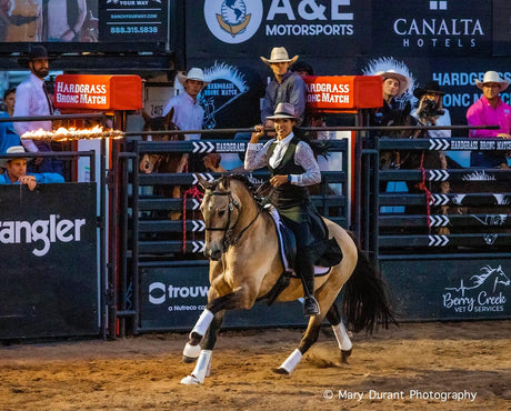 Cossaco Champion Lusitano performing in Working Equitation with rider Jill Barron at a competitive event.