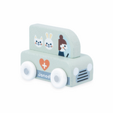 Crossroads White Valley Veterinarian wooden toy car for children 12m+, featuring vet and animal illustrations.
