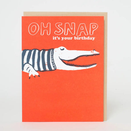 Oh Snap Crocodile Birthday Card with a friendly crocodile illustration and birthday message on bright orange background
