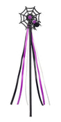 Black wand with glittery spider web top, purple and black spider, and trailing black, purple, and white ribbons for kids.